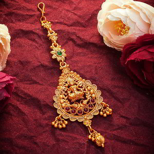 Зелёное индийское украшение на голову (манг-тика) со стразами, перламутровыми бусинками