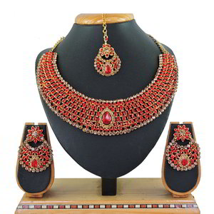 Бордовое, золотое и красное индийское украшение на шею со стразами