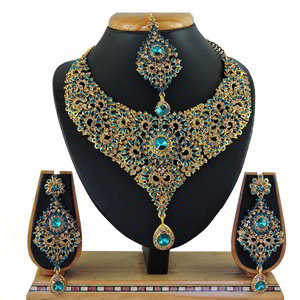 Золотое и синее индийское украшение на шею со стразами