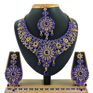 Золотое и синее индийское украшение на шею со стразами