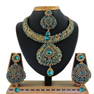 Золотое и синее индийское украшение на шею со стразами