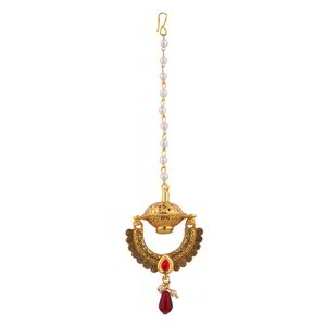 Разноцветное и золотое латунное индийское украшение на голову (манг-тика) с перламутровыми бусинками