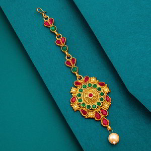 Зелёное и золотое индийское украшение на голову (манг-тика) с искусственными камнями