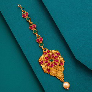 Золотое и розовое индийское украшение на голову (манг-тика) с искусственными камнями
