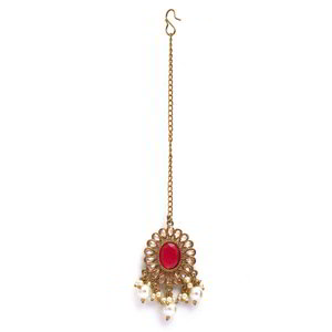 Золотое и розовое латунное индийское украшение на голову (манг-тика) со стразами, перламутровыми бусинками