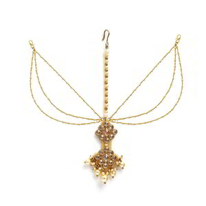 Молочное и золотое индийское украшение на голову (манг-тика) из латуни со стразами, перламутровыми бусинками