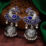 *Серебристые и синие индийские серьги с искусственными камнями