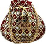 *Бордовая и красная сумочка-мешочек из бархата с бисером, кусочками зеркалец