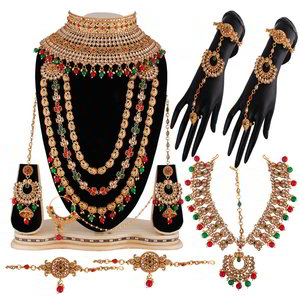 Разноцветный и золотой набор свадебных индийских украшений со стразами