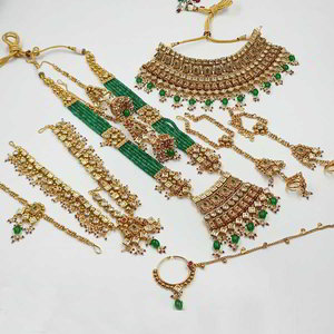 Цвета меди, зелёный и золотой медный набор свадебных индийских украшений со стразами, перламутровыми бусинками