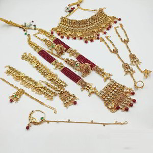 Бордовый, цвета меди, золотой и красный набор свадебных индийских украшений из меди со стразами, перламутровыми бусинками