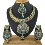 *Золотое и синее медное индийское украшение на шею со стразами