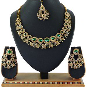 Зелёное и золотое медное индийское украшение на шею со стразами