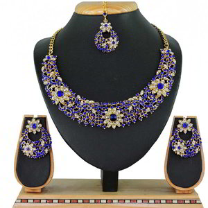 Золотое и синее медное индийское украшение на шею со стразами