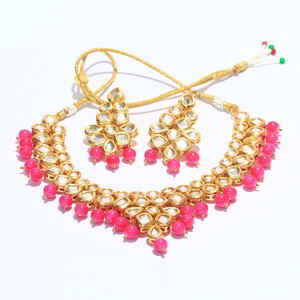 Золотое и розовое индийское украшение на шею с искусственными камнями