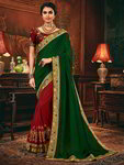 *Бордовое и зелёное праздничное нарядное красивое индийское сари из хлопка с шёлком