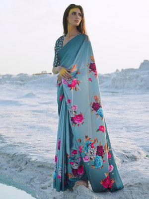 Цвета морской волны атласное индийское сари