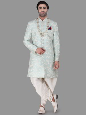Аквамариновый индийский мужской костюм из шёлка