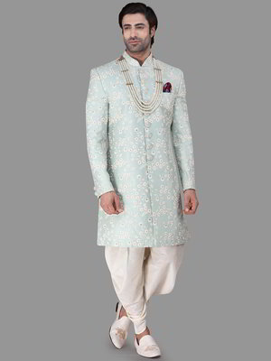 Аквамариновый индийский мужской костюм из шёлка