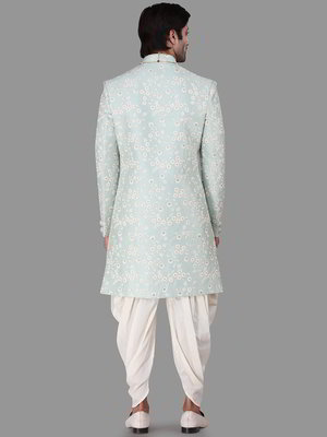 Аквамариновый индийский мужской костюм из шёлка