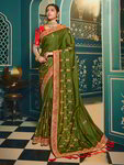 *Зелёное интересное красивое летнее современное индийское сари из хлопка с шёлком
