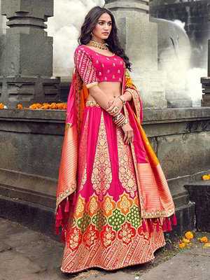 Национальный индийский женский свадебный костюм лехенга (ленга) чоли цвета фуксии, украшенный вышивкой с люрексом