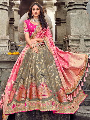 Серый с розовым национальный индийский женский свадебный костюм лехенга (ленга) чоли, украшенный вышивкой с люрексом