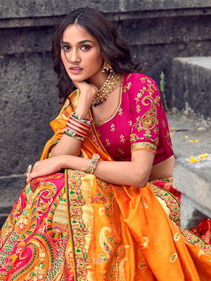 Горчичный, жёлтый и розовый шёлковый индийский женский свадебный костюм лехенга (ленга) чоли