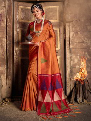 Рыже-оранжевое индийское сари из хлопка с шёлком