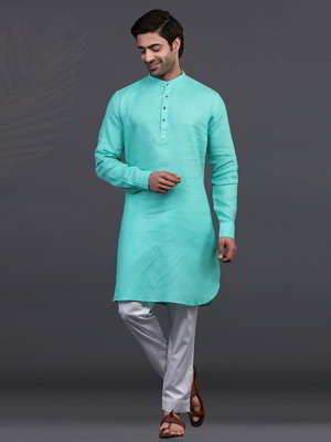 Аквамариновый льняной индийский национальный мужской костюм