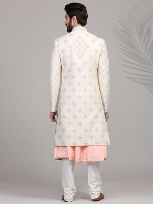 Кремовый и персиковый индийский свадебный мужской костюм из шёлка
