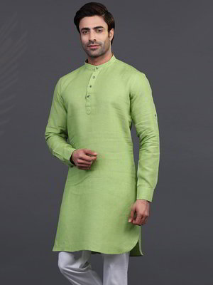 Зелёный льняной индийский мужской костюм