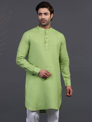 Зелёный льняной индийский мужской костюм