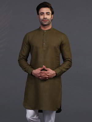 Оливковый льняной индийский мужской костюм