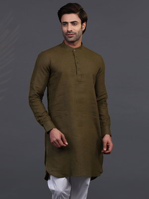 Оливковый льняной индийский мужской костюм