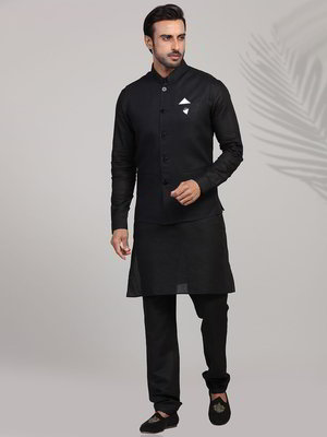 Чёрный национальный мужской костюм с жилетом из хлопка и льна