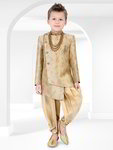 *Бежевый хлопко-шёлковый национальный костюм для мальчика, украшенный вышивкой люрексом