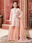 *Персиковый индийское национальное платье / костюм для девочки из креп-жоржета с длинными рукавами, украшенный вышивкой люрексом