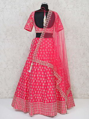 Розовый индийский женский свадебный костюм лехенга (ленга) чоли из шёлка с короткими рукавами с бисером, пайетками