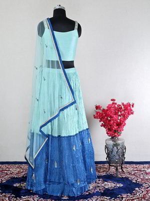 Цвета морской волны индийский женский свадебный костюм лехенга (ленга) чоли из креп-жоржета без рукавов с кусочками зеркалец