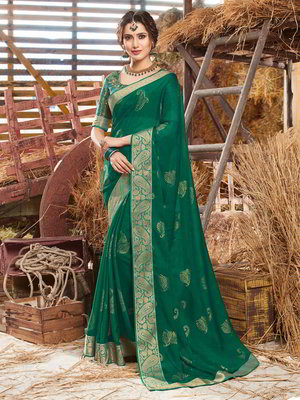 Зелёное индийское сари из креп-жоржета, украшенное вышивкой люрексом