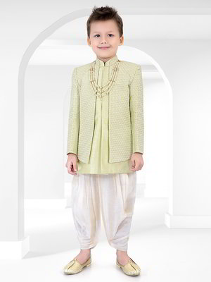 Фисташковый национальный костюм для мальчика из хлопка с шёлком с пайетками