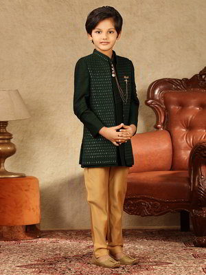 Цвета зелёной сосны национальный костюм для мальчика из шёлка-сырца с пайетками