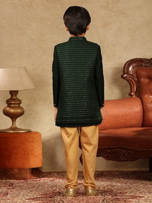 Цвета зелёной сосны национальный костюм для мальчика из шёлка-сырца с пайетками