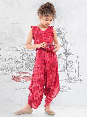 Пурпурный хлопко-шёлковый индийское национальное платье / костюм для девочки без рукавов, украшенный печатным рисунком