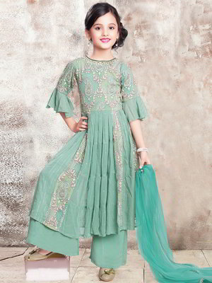Цвета зелёного опала индийское национальное платье / костюм для девочки из креп-жоржета с рукавами ниже локтя со стразами, пайетками
