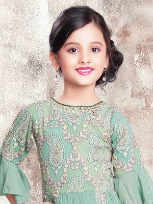 Цвета зелёного опала индийское национальное платье / костюм для девочки из креп-жоржета с рукавами ниже локтя со стразами, пайетками