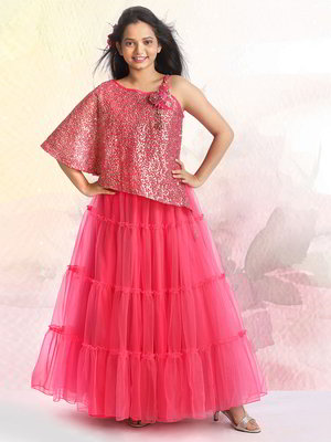 Розовый индийское платье «в пол» / костюм для девочки из фатина без рукавов с пайетками