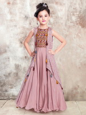 Розовый шёлковый индийское платье «в пол» / костюм для девочки без рукавов с пайетками