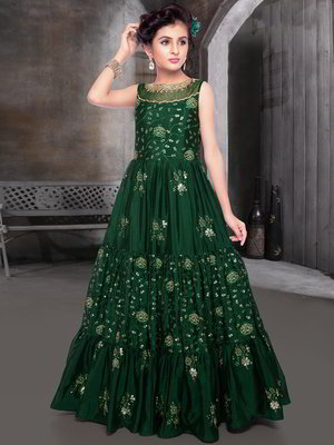 Цвета зелёной сосны шёлковый индийское платье «в пол» / костюм для девочки без рукавов с пайетками